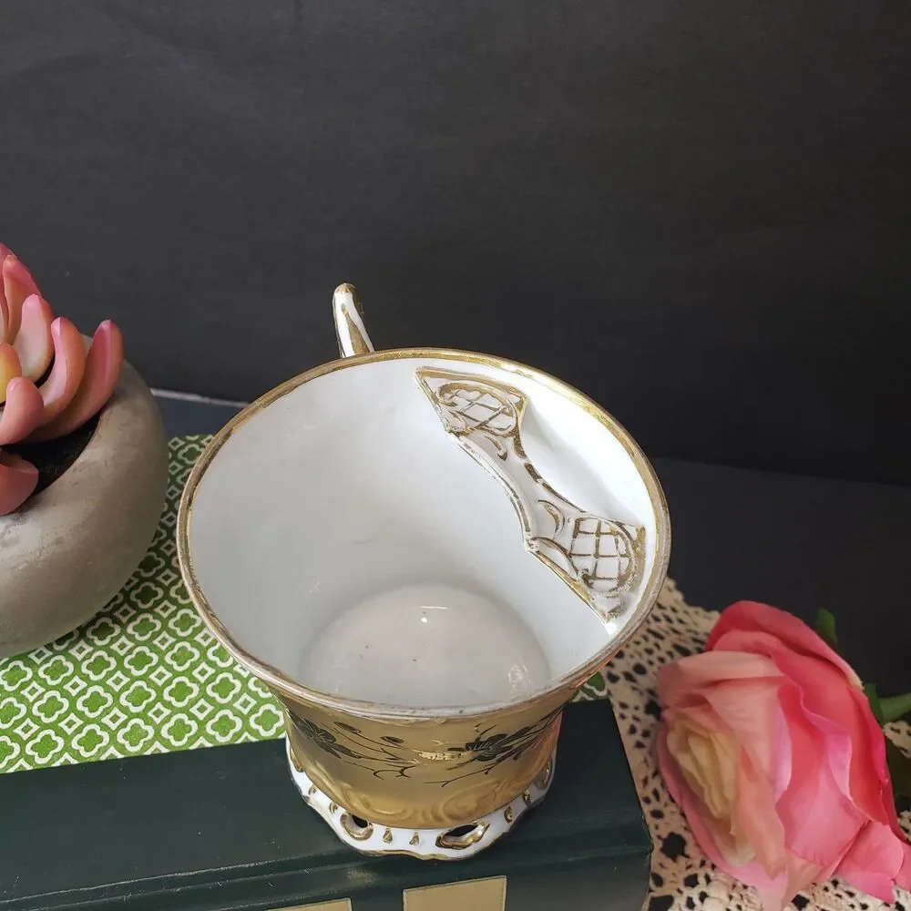 Victorian Antique Gold Floral Porcelain Shaving Mug Footed Base Japonisme